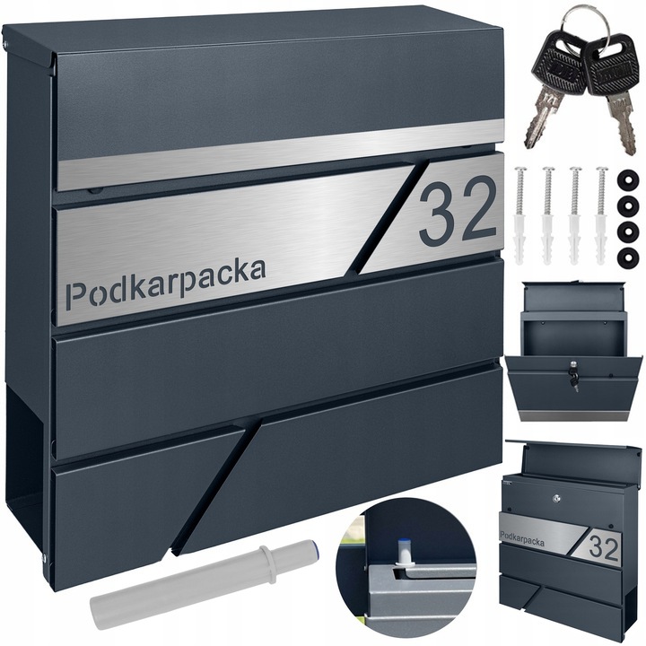 Személyre szabott MTEC postaláda, antracit RAL7016, 37x37x10,5cm, újságtartóval, 2 kulccsal
