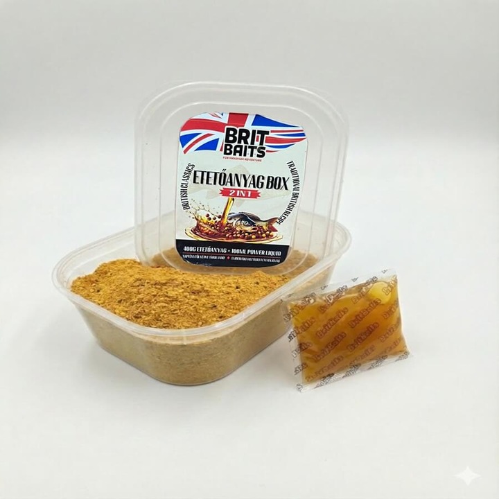 BritBaits Etetőanyag Box Méz-Vajsav 400g + 100ml Liquid – 7 Féle Maggal és színes Pellet Darabkákkal Dúsított Prémium Method Feeder Szett