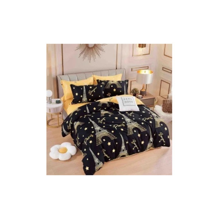 Set lenjerie pentru pat dublu, 6 piese, JOJO HOME, cearceaf de pat fara elastic, Paris