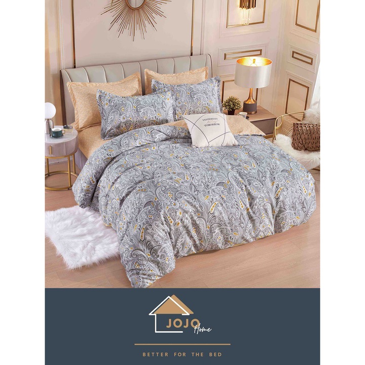 Set lenjerie pentru pat dublu, 6 piese, JOJO HOME, cearceaf de pat cu elastic pentru saltea 180x200cm, Mini Flowers