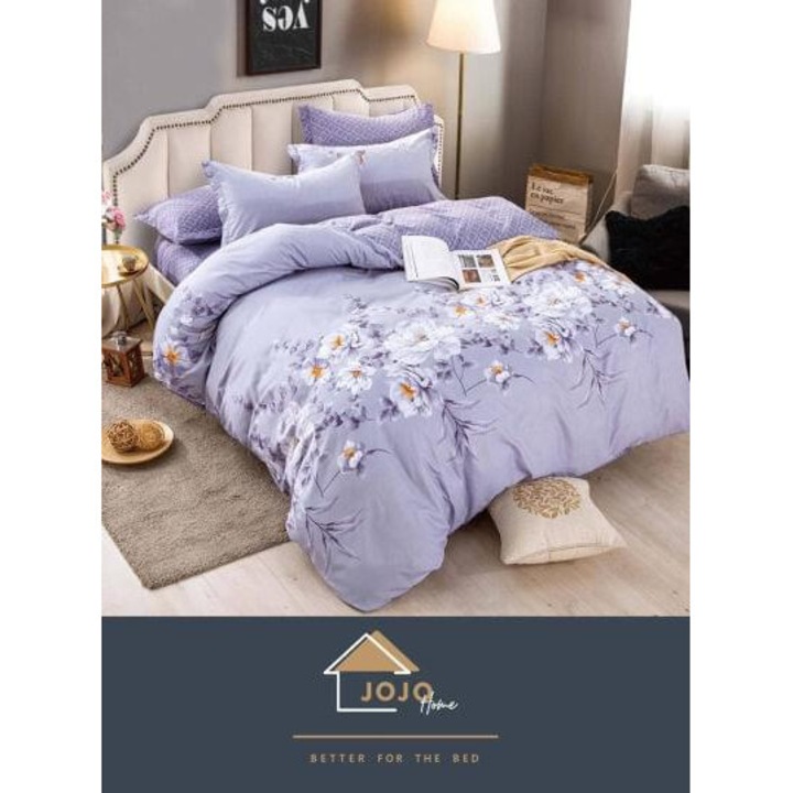 Set lenjerie pentru pat dublu, 6 piese, JOJO HOME, cearceaf de pat cu elastic pentru saltea 180x200cm, Lila cu flori
