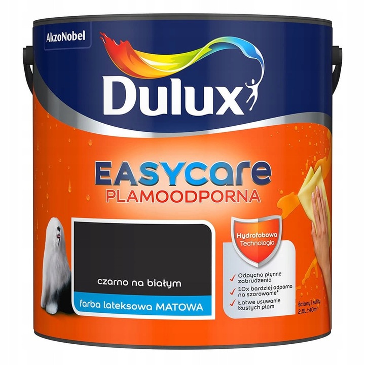 Vopsea latex DULUX EASYCARE 2,5L, rezistenta la pete, mata, neagra pe alb