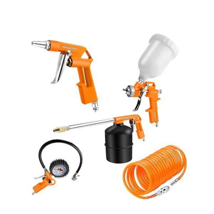 Set accesorii compresor Wokin, 5 piese, pistol suflat, pistol vopsit, multicolor