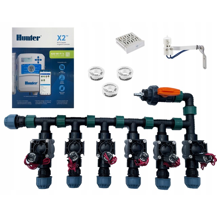 Set accesorii irigare Hunter, 6 electrovane, modul WIFI, senzor de ploaie, 25mm