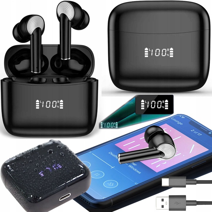 J8 vezeték nélküli fülhallgató, Bluetooth 5.3, IPX7 vízálló, 6 óra üzemidő, fekete szín, teljes készlet tokkal