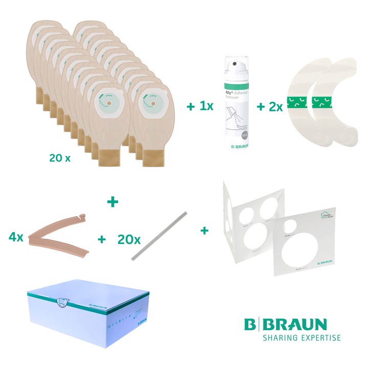 Pachet ingrijire stoma BBraun PROXIMA pentru colostomie/ileostomie cu 20 pungi opace 10–70 mm + spray dezlipire si curatare + benzi adezive + cleme + sablon