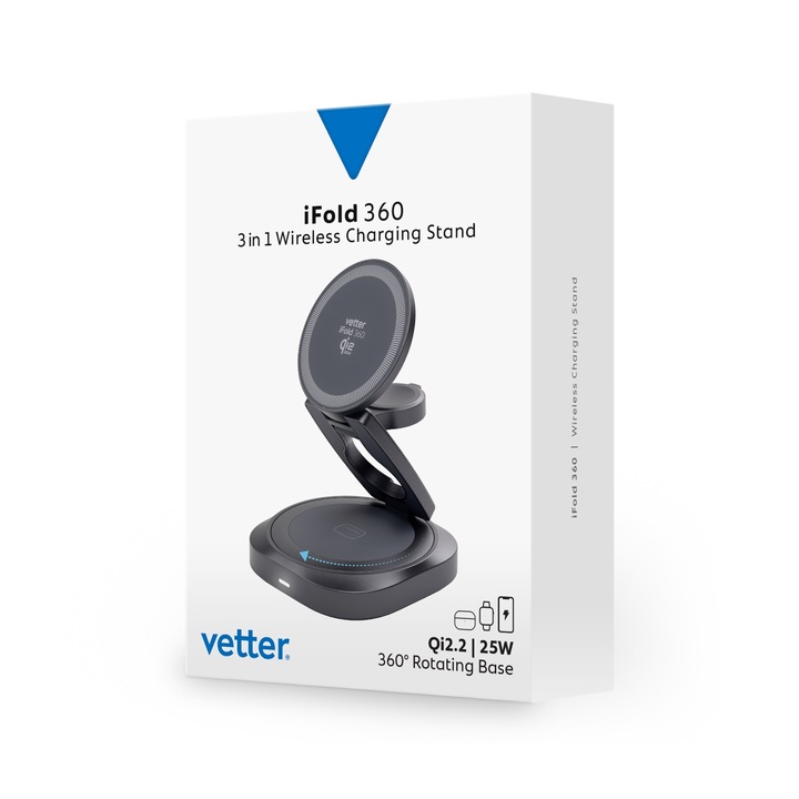 Suport birou Vetter iFold 360, incarcare wireless 3 in 1, rotatie 360, design pliabil, 83x83mm