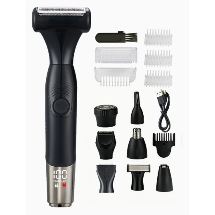 Trimmer electric 8-in-1 pentru barbati, aparat de tuns si epilat multifunctional, cu 8 capete interschimbabile, display digital, incarcare USB, autonomie lunga, negru