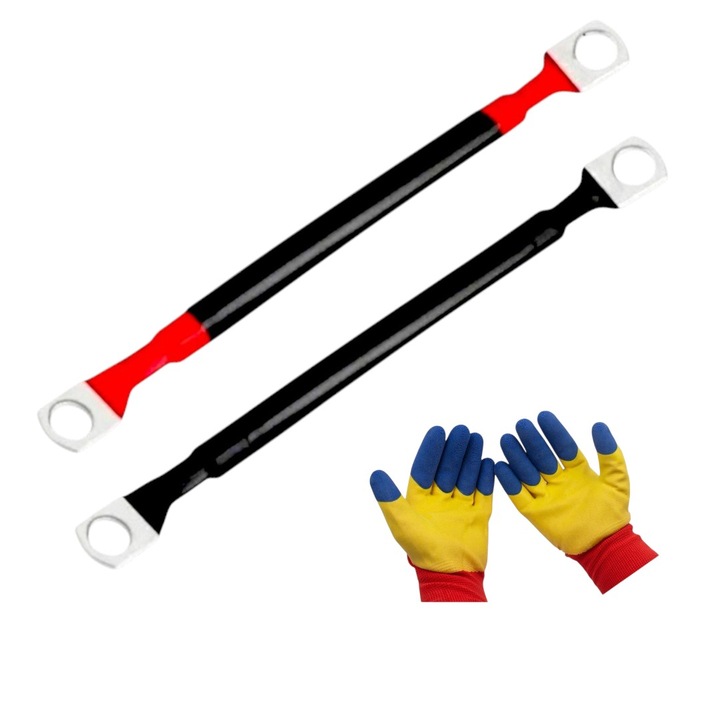 Комплект кабели за стартиране на батерия, сечение 25 mm², 2x50 см, с 4 клеми M10, за автомобили/селскостопански машини/лодки/инвертори и Комплект трицветни ръкавици, защитни, латекс