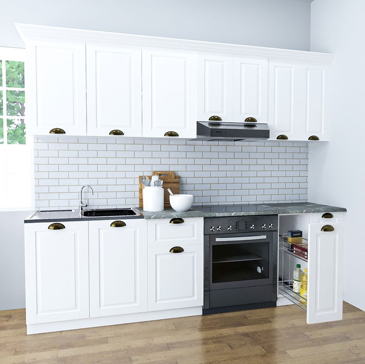 Set mobilier de bucatarie cu soft-close si fronturi MDF, Badenmob, seria Square, Corp Jolly, 240cm, Alb Rustic