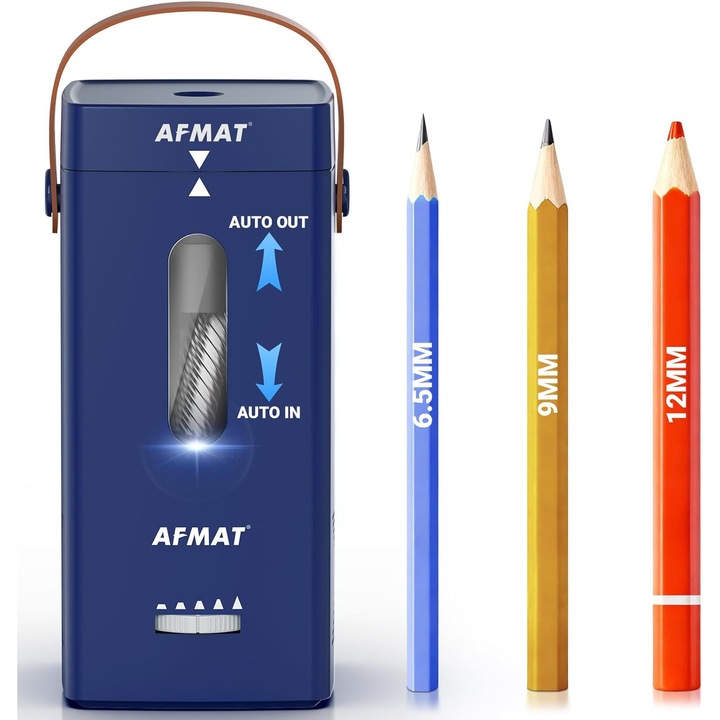 AFMAT Ascutitoare electrica pentru creioane, ascutitoare complet automata, cu introducere si evacuare automata, reincarcabila, utilizare fara maini, pentru creioane groase si colorate (6, 5–12 mm), portabila pentru acasa/sala de clasa/birou, albastra