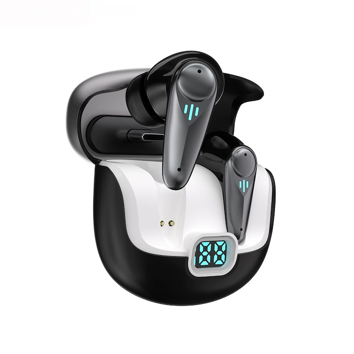 Vezeték nélküli ANC gamer fülhallgató, aktív zajszűrés, Bluetooth 6.0, in-ear, vezeték nélküli, 2.4GHz kapcsolattal, ultra-alacsony késleltetés, hosszú üzemidő, HD mikrofon, érintésvezérlés, IPX4 vízállóság, sporthoz, univerzális, fekete szín