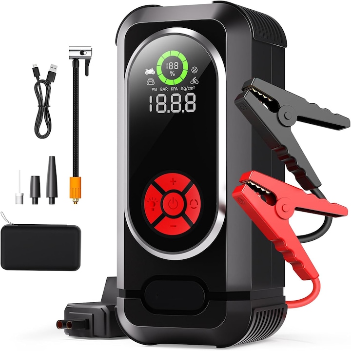 Starter auto portabil cu compresor 4 in 1, 6000A, 150PSI, 6000mah de 12V, pentru motor 10L benzina sau 8L diesel, Power Bank, Lanterna, Ecran LED, clesti inteligenti si husa transport incluse