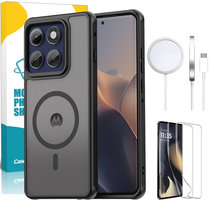 Husa pentru Motorola Moto Edge 60 Pro, Set protector de ecran si incarcator wireless, CASEDANCE, Negru, Design antiderapant