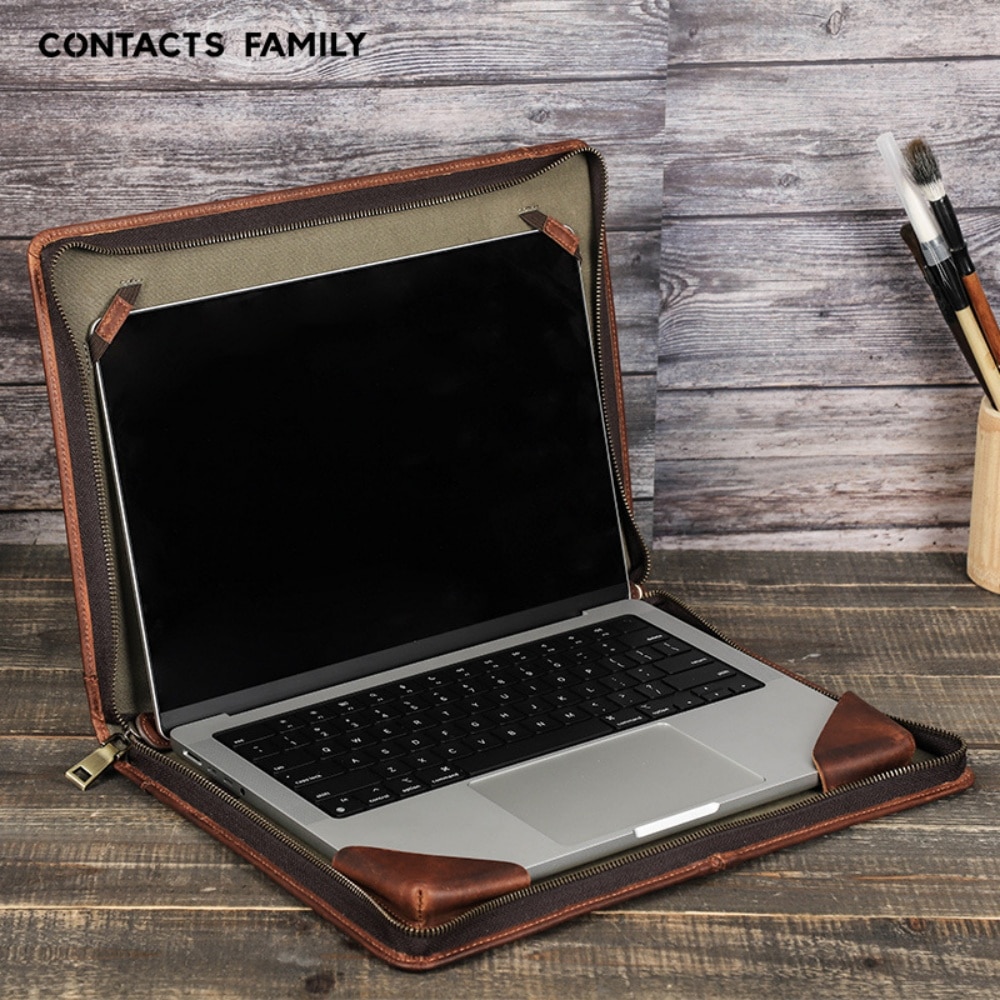 Husă pentru laptop, ORBER, 13.3 inch, compartiment pentru stilou, suport de vizionare, culoare maro