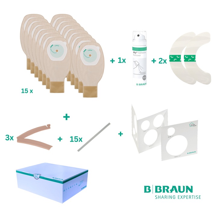 Set ingrijire stoma BBraun PROXIMA, 15 pungi opace 10-70 mm, spray dezlipire, benzi adezive, cleme, sablon