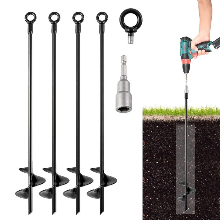 Set ancore de sol metalice CHOOLY, 4 buc, 38x7cm, negru, potrivite pentru corturi și trambuline