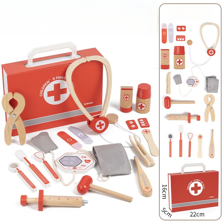 Set de jucării pentru doctor, 19 piese, cutie de lemn, pentru copii de la 3 ani, multicolor