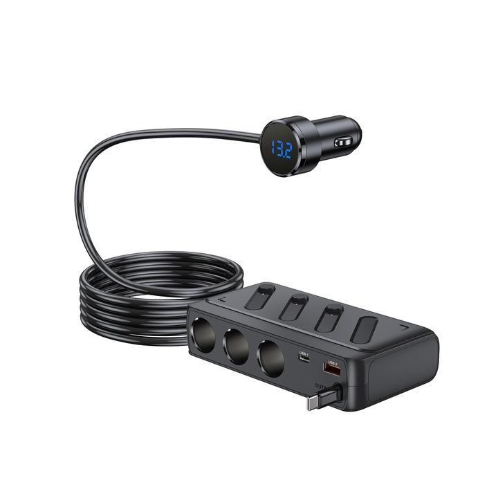 Adaptor Priza Auto 3 in 1 LOKSY, 142W, Fast Charge, 3 Socluri 12V + 2x USB, Negru, Cablu Lung 1m