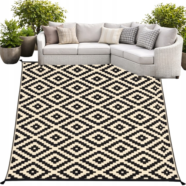 HomeDesign Kültéri Szőnyeg 160x230cm, Fekete-Krém, Nedvességálló, Tartós Szerkezet