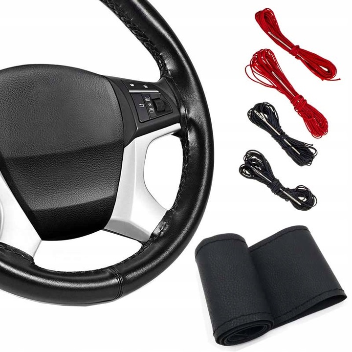 Autóhuzat, Easy Tuning, kormánykerékhez, kiegészítő szettel, valódi bőr, fekete, 33-37cm, 10,5cm
