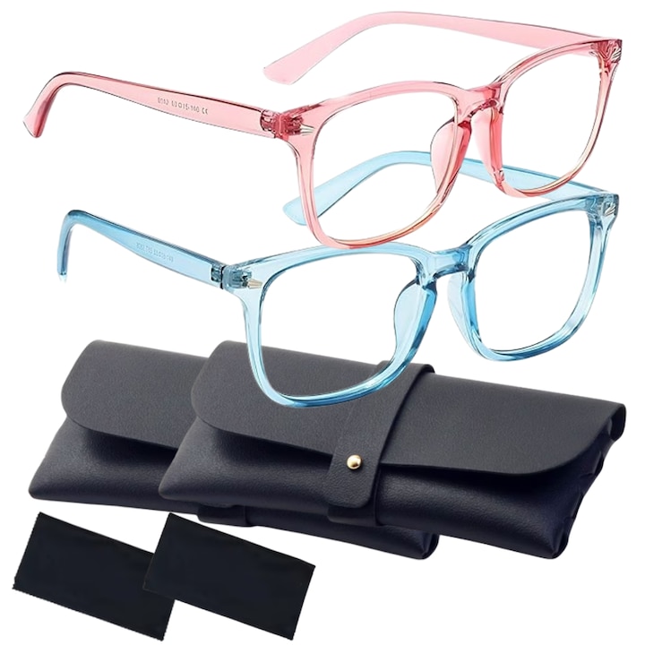 Set 2 Ochelari Protectie Calculator SuperTrends® Anti Lumina Albastra Fara Dioptrii Roz Si Albastru, Ochelari Gaming Protectie Laptop Telefon Monitor PC, Ochelari Protectie Ochi Calculator Ecran Birou, Ochelari Protectie Monitor PC