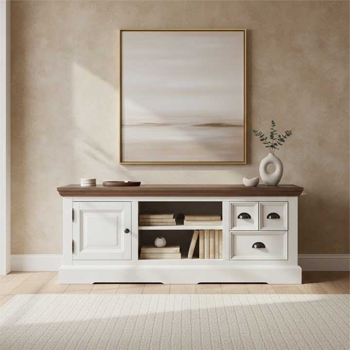 Comoda TV, Monaco Collection, Transilvan, 1 Usa, 3 Sertare, 2 Rafturi, MDF si Lemn Masiv, 145x50x54 cm, Alb si Lemn Tei
