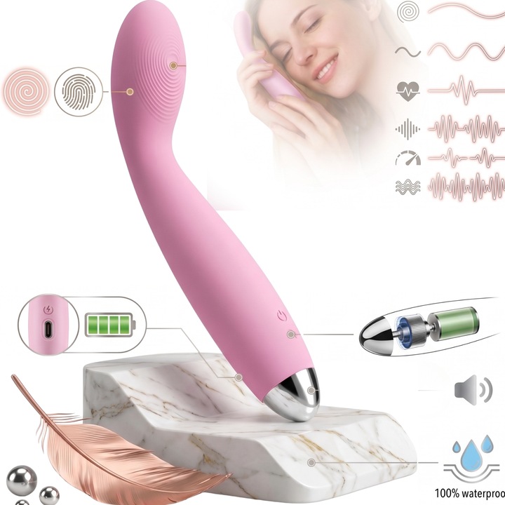Vibrator Premium Punctul G Infiniteea™, Experienta de Lux, 7 Moduri de Vibratie Puternice & Variate, Design Ergonomic Curbat, Silicon Medical Premium, Autonomie 3 Ore, Reincarcabil USB, 100% Impermeabil, Motor Ultra-Silentios, Roz/Argintiu