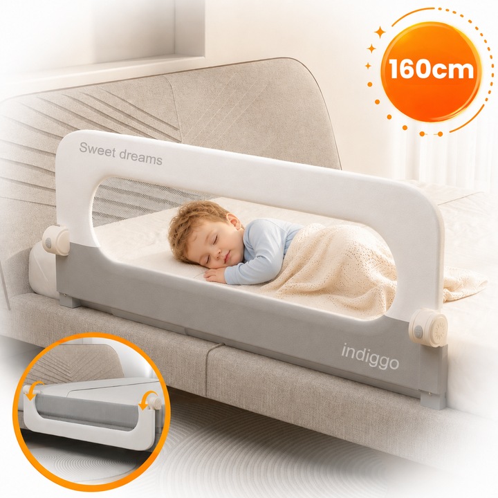 Bariera Protectie Pat 160 Cm SafeSleep™ Pliabila 180° EasyFlip, Bara Suplimentara FlexiMax NO Gap Design, Plasa Oxford Soft-Touch Ventilatie 360°, Instalare Fara Gauri, Potrivire Universala, Structura Ranforsata si Baza Anti-Rasturnare, Soft