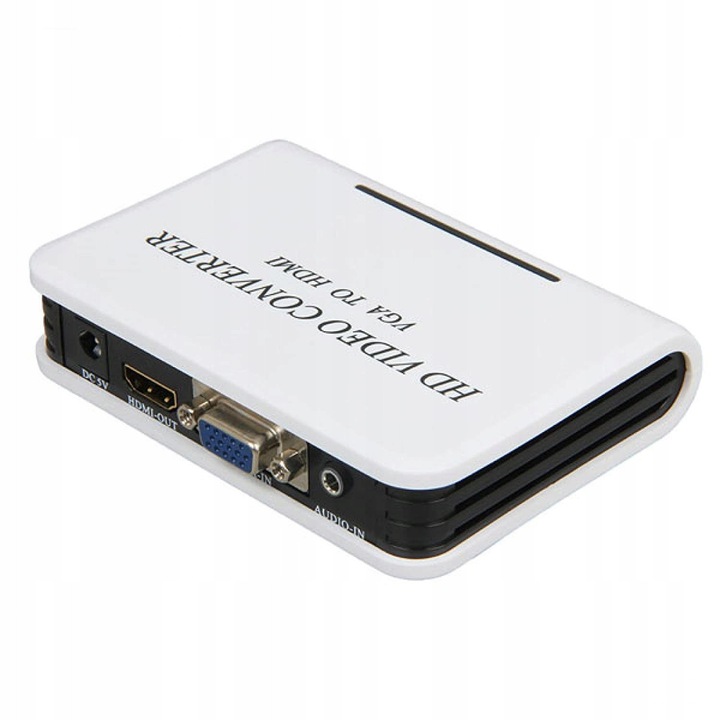 Адаптер/конвертор VGA към HDMI, Full HD 1080p 1920x1080@60Hz, стерео аудио жак, еднопосочна аналогово-цифрова конверсия, захранване DC 5V/USB, метален корпус, Бял