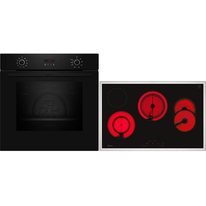 Set incorporabil Neff BX48PB Cuptor electric 71 l, Convectie, Grill + Plita cu inductie (4 zone gatit), 17 trepte de putere, functie PowerBoost, Negru