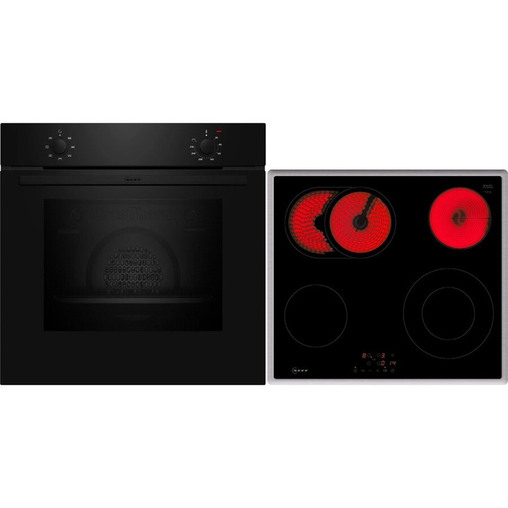 Set Neff BX16B, Cuptor electric Neff B1DCA0AK0 N30, 71 L, 60 cm cu Plita vitroceramica Neff T16SBN1L0 N50, 4 zone gatit, Negru