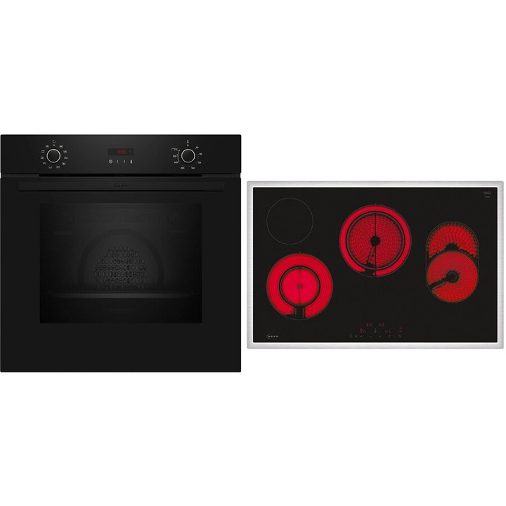 Setul de cuptor Neff BX48PB0, Cuptor electric Neff B2CCG6AK3 N30 (71 L, 60×60 cm) + Plita electrica vitroceramica T18SDH9L0 N70 (4 zone gatit), Negru