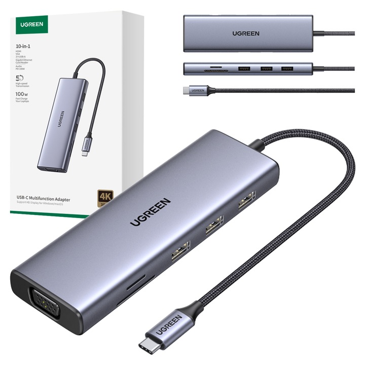 USB-C хъб Ugreen CM498, 9 порта, сив, 10x4x1см