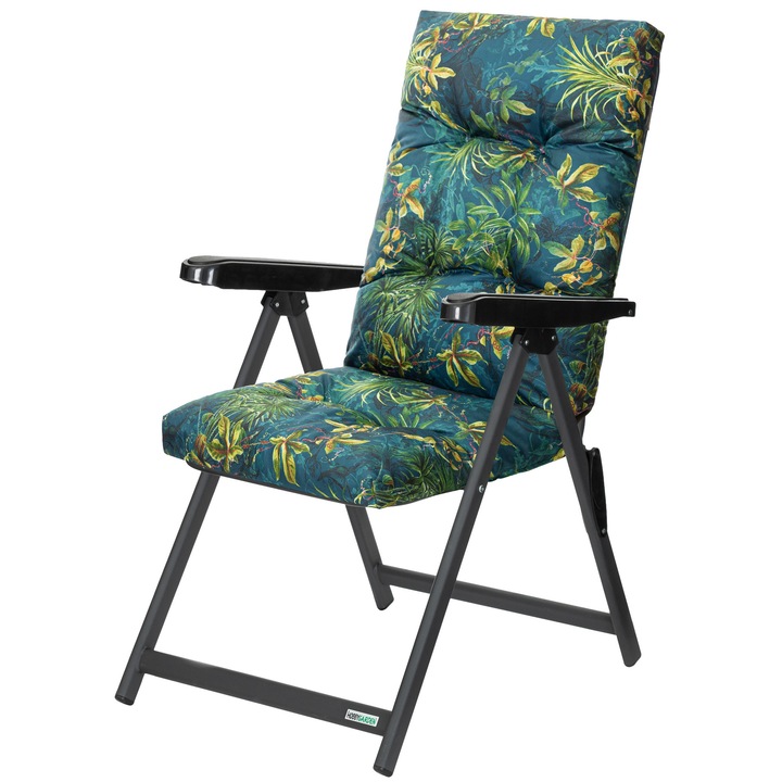 Sezlong de gradina Hobbygarden, pliabil, spatar reglabil, culoare grafit, perna verde, dimensiuni 46x45cm