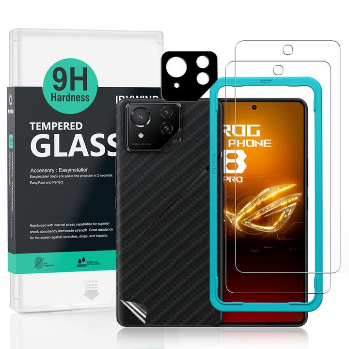 Folie Sticla Ibywind pentru Asus ROG Phone 8 Pro 5G, Pachet 2, Sticla Securizata, protectie pentru obiectiv, Montaj Usor, Duritate Militara, Ultra HD, Anti Zgarieturi, Anti Socuri