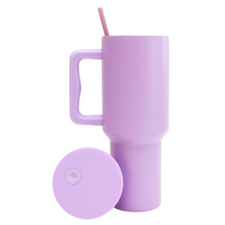 Macvi® termobögre fogantyúval és szívószállal, 1,2 liter, 304-es rozsdamentes acél, termosz hideg és meleg italokhoz, 12 óra melegen tartás, 24 óra hidegen tartás, szivárgásmentes, lila