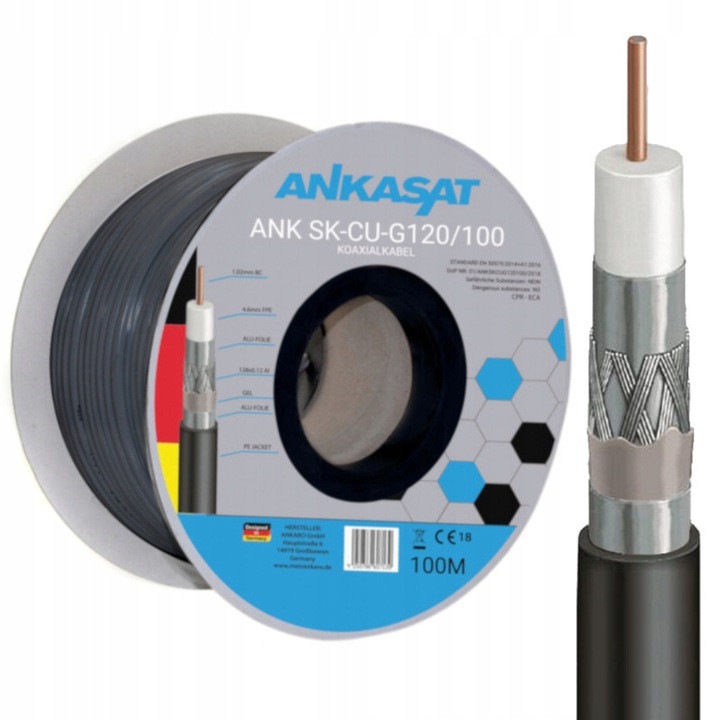 Cablu coaxial RG6 Ankasat ANK SK-CU-G120/100, miez 1,02 mm cupru, dublu ecran si oplot 128x0,12 mm, negru, 100m