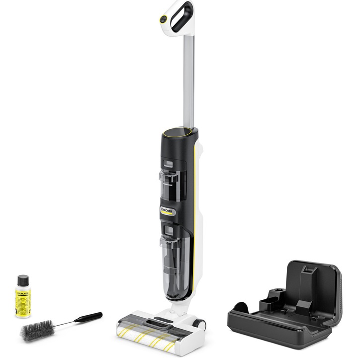 Aspirator vertical cu spalare Karcher FCV 4 Dry *EU 1.056-135.0, 180 W, Xtra!Clean 3 in 1 aspirare, spalare, uscare, senzor de murdarie Dynamic!Control, filtrare 99.9%, rezervor 0.75 L si 0.45 L, 200 m², tehnologia Hygienic!Spin, statie de uscare, negru
