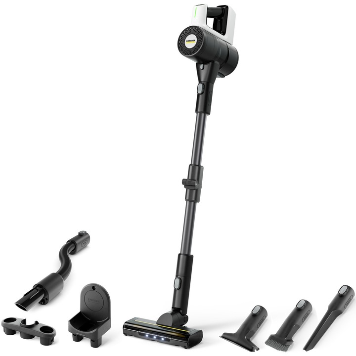 Aspirator vertical fara fir Karcher, VCS 3 Nano Flex 1.198-934.0, 300W, Li-ION, 2.5Ah, autonomie 50 min, filtrare 99.9%, recipient murdarie 0.6L, 300 W, iluminare LED, afisaj, tub si furtun flexibil, silentios pana la 79 dB, alb