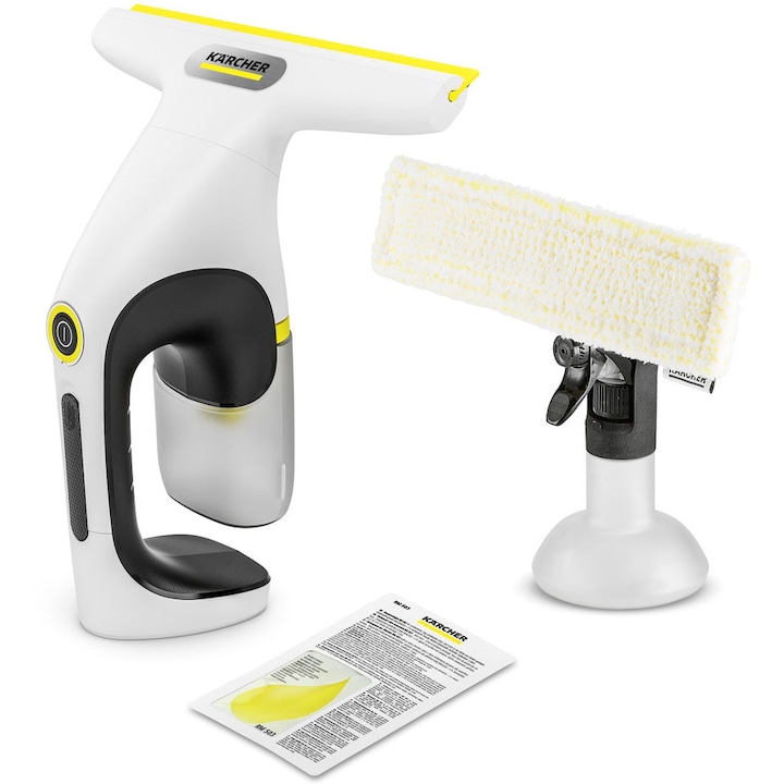 Aspirator pentru geamuri Karcher WV 1 Compact Precision *EU 1.633-689.0, curatare 360°, autonomie 25 min, randament 70 m², rezervor 100 ml, recipient pulverizator cu laveta din microfibra, duza de aspiratie ingusta, detergent concentrat 20 ml, alb