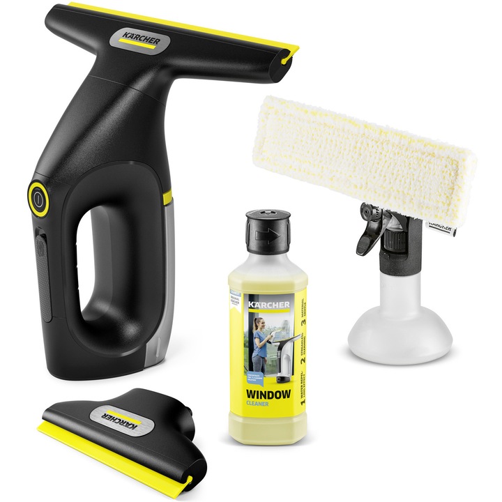 Aspirator pentru geamuri Karcher WV 2 Universal Precision+ Black *EU 1.633-676.0, curatare 360°, autonomie 35 min, rezervor 120 ml, randament 105 m², recipient pulverizator cu laveta din microfibra, inclus detergent geamuri 500 ml, duza ingusta, negru