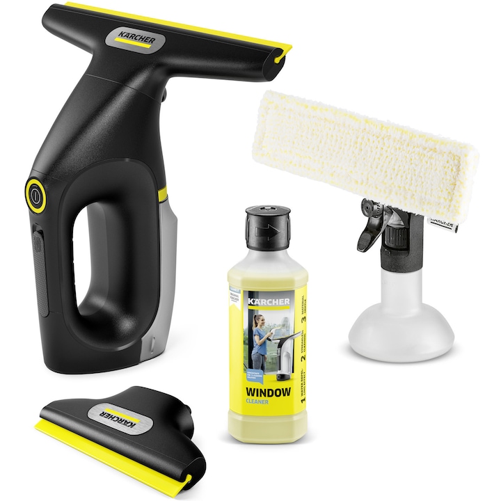 Aspirator pentru geamuri WV 3 Comfort Precision+ *EU 1.633-698.0, curatare 360°, carling de dus Hook!It, autonomie 35 min, rezervor XXL 200 ml, randament 105 m², recipient pulverizator cu laveta microfibra, inclus detergent geamuri 500 ml, negru