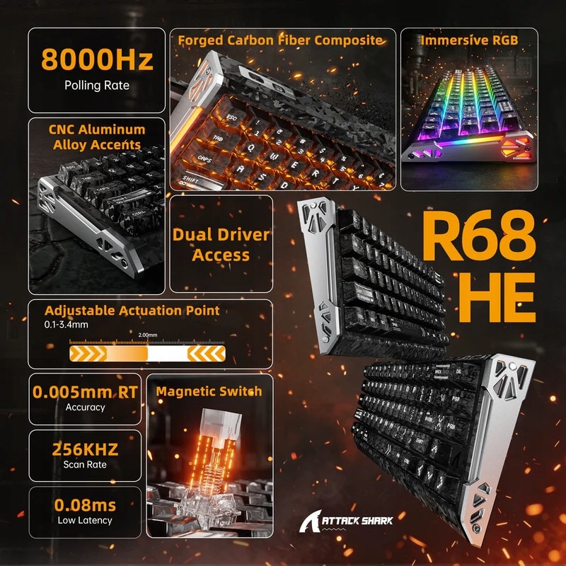Tastatura Attack Shark R68 HE Carbon Fiber, magnetica, Rapid Ice, RGB ...