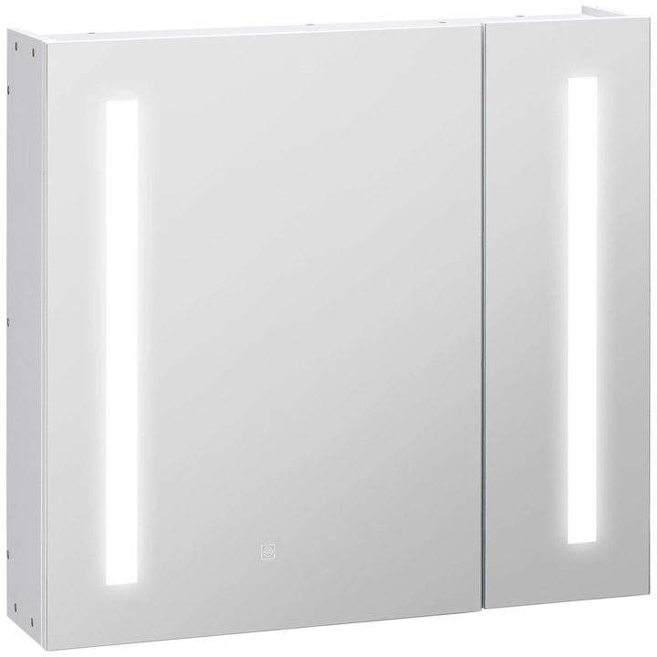 Dulap cu oglinda pentru baie, Dulap cu oglinda LED, 2 usi, Comutator touch, 70×15×65 cm, Cadru din lemn, Necesita asamblare, Alb
