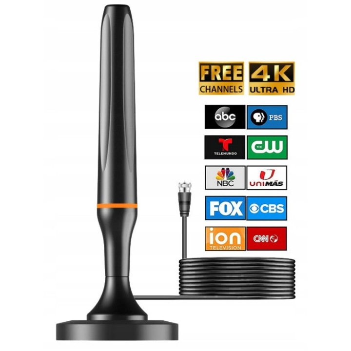Antena TV interna / antena digitala HIDB DVB-T2, cu amplificator si baza magnetica 360°, compatibila 4K 1080p, Negru, 176.5mm