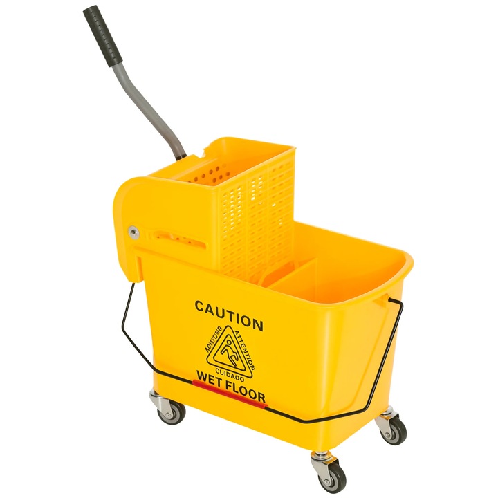 Galeata cu storcator pentru mop, Galeata pe roti, Capacitate 20 l, Maner de transport, Pentru acasa si uz comercial, Galben