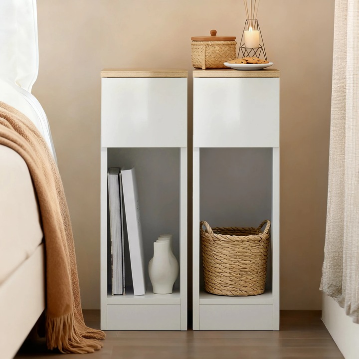 Noptiere set 2 bucati, FBT111X2, Design ingust, Un sertar, Lemn, Inaltime 60 cm, Stil modern, Alb