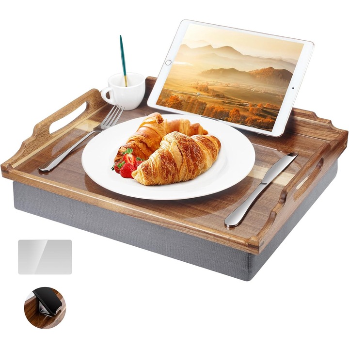 Tava pentru pat DRELIFAM, lemn acacia, antiderapant, cu perna si suport telefon, 42.5x33x9cm, culoare Maro/Gri