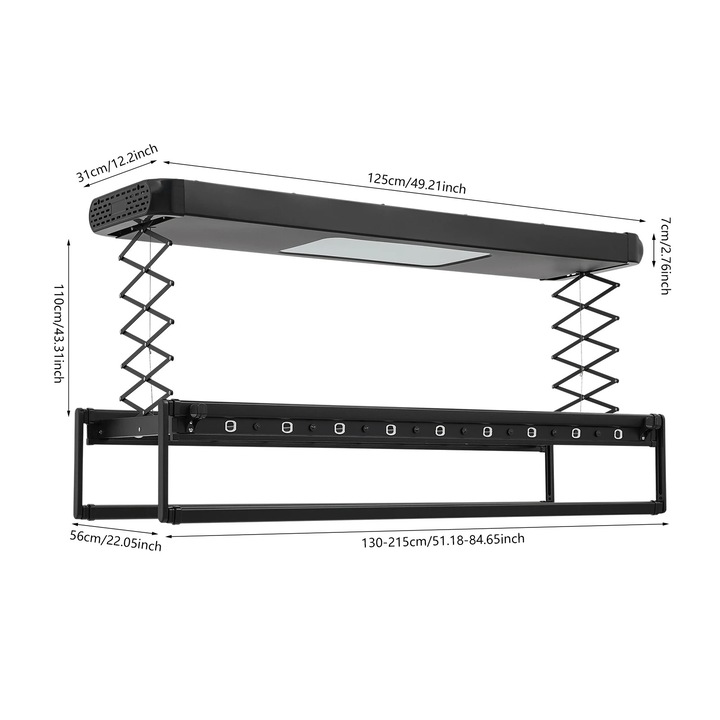 Elektromos ruhaszárító, Behúzható mennyezeti tartó, 220V fix csatlakozás, Távirányító akár 20 m-ig, LED 24 W, Szénacél és alumínium, Fekete